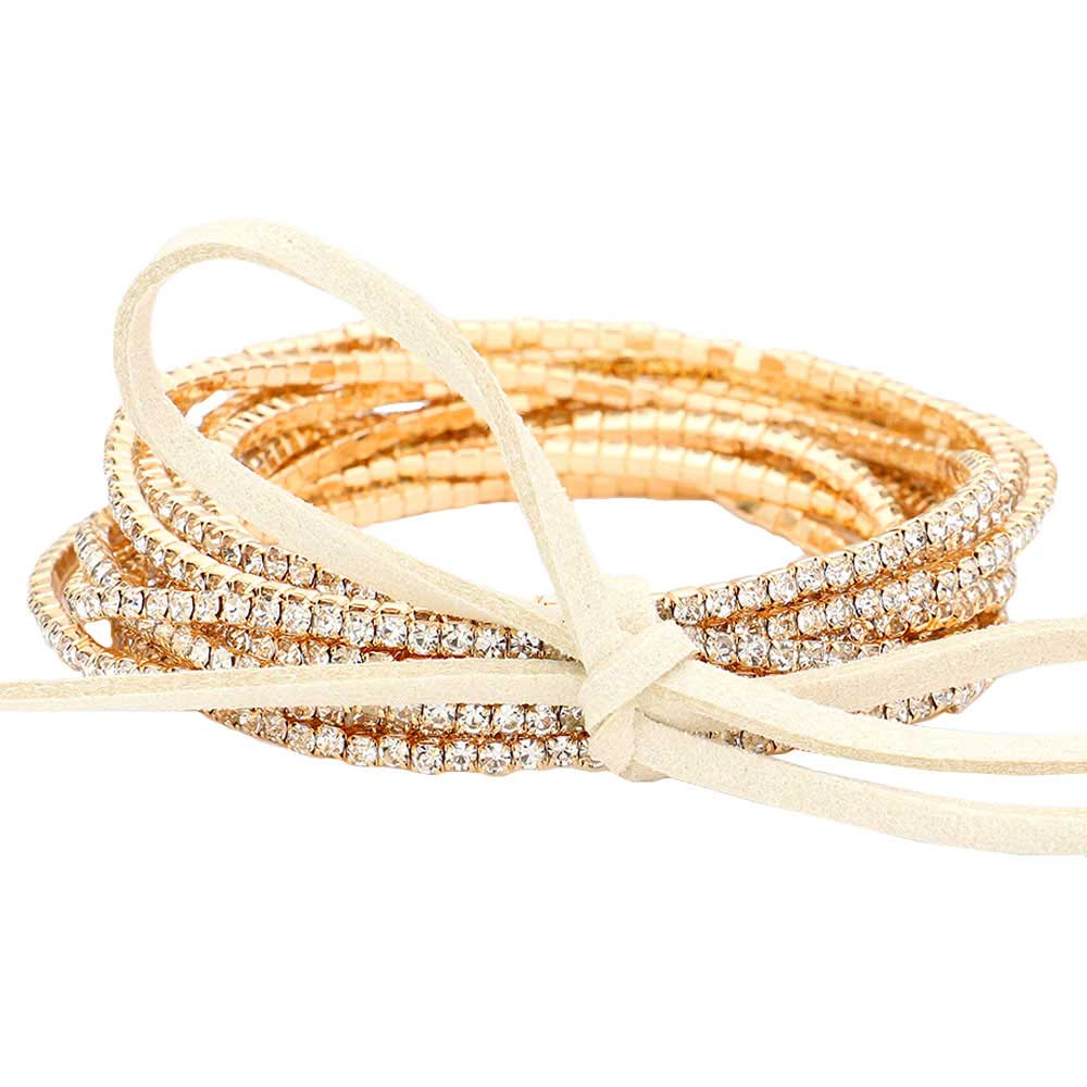 12PCS Ribbon Colorful Rhinestone Layered Stretch Bracelets