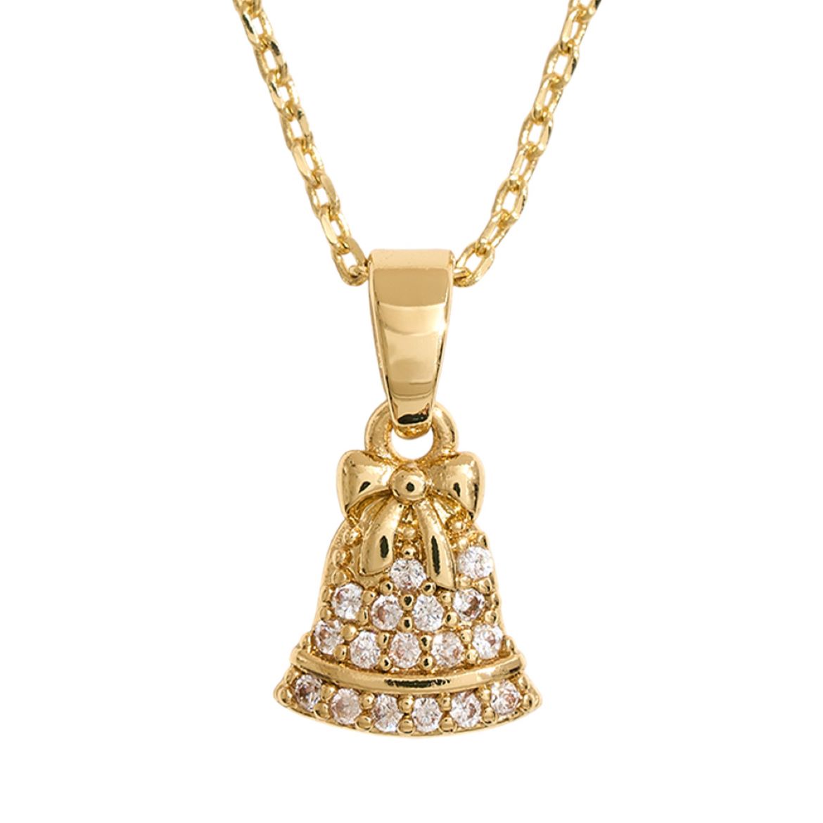 14K Gold Dipped CZ Stone Paved Festive Bell Pendant Necklace