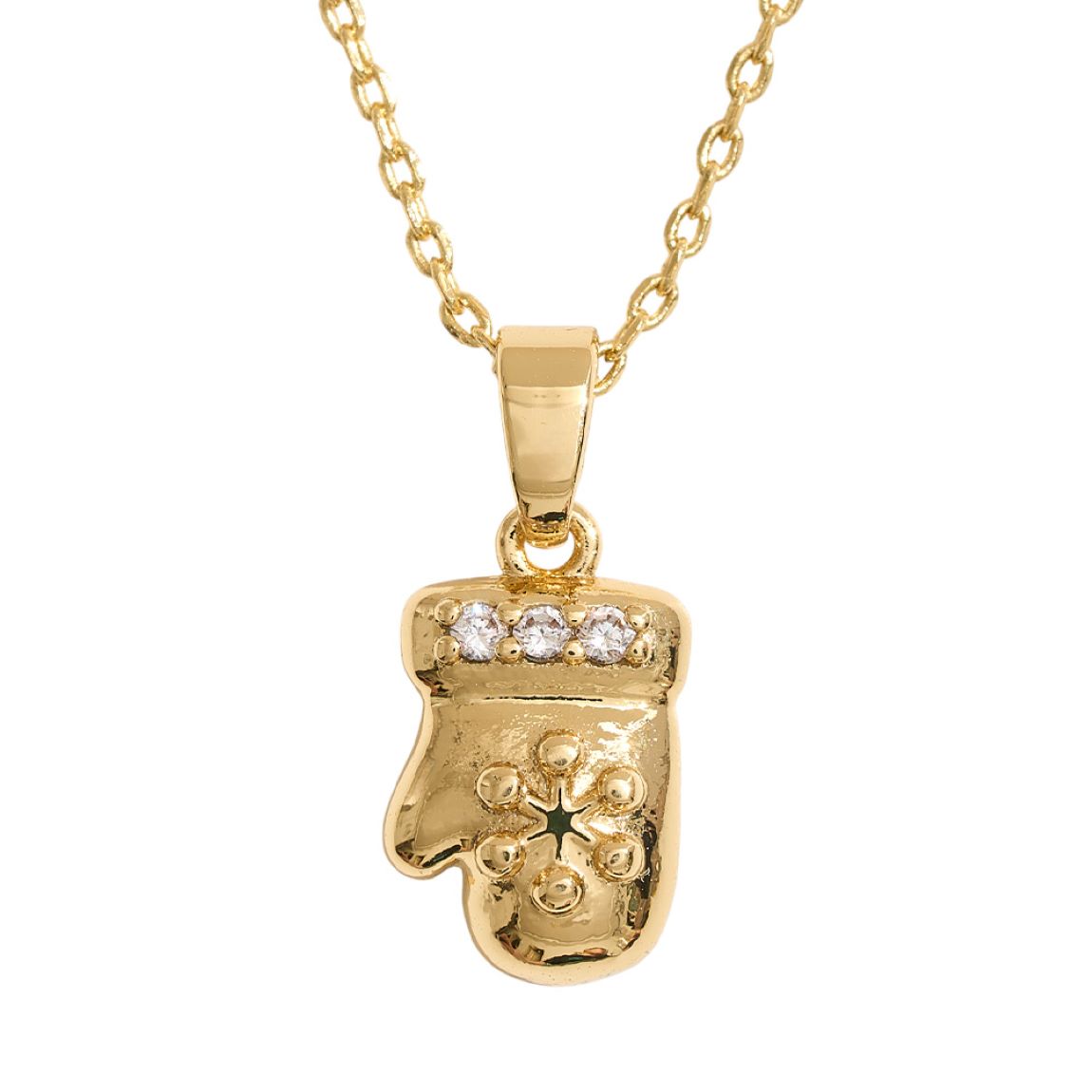 14K Gold Dipped CZ Stone Paved Holiday Mitten Pendant Necklace