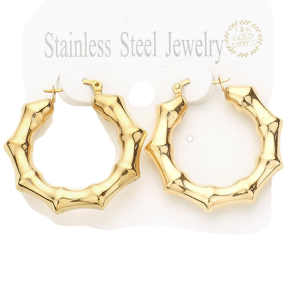 18K Gold Dipped Stainless Steel 1.5 Inch Metal Bamboo Hoop Earrings