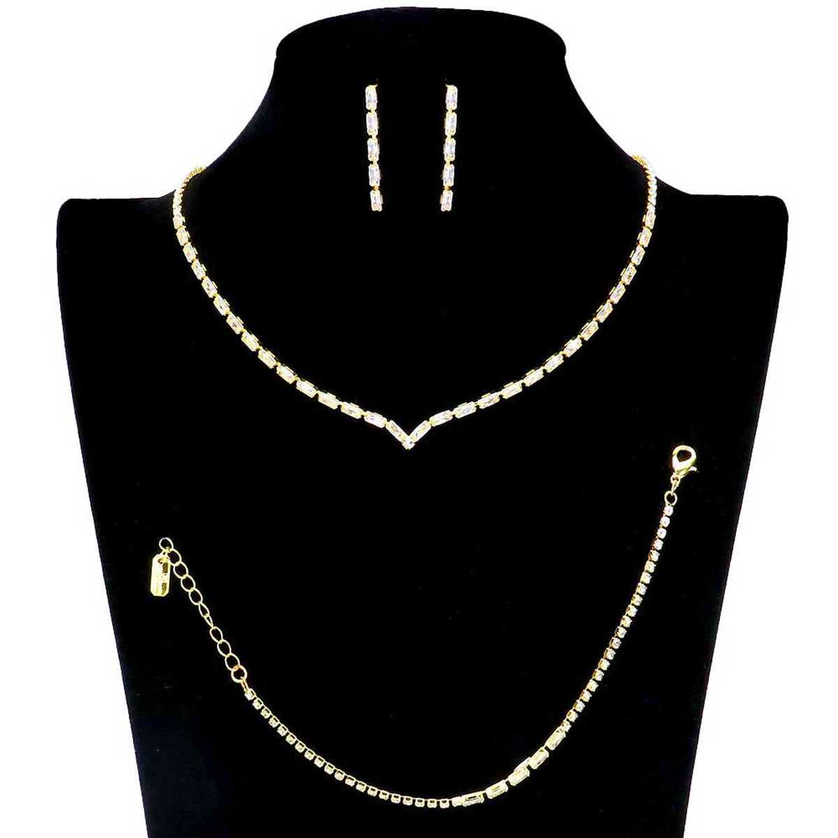 3PCS Chevron Accented Rectangle Stone Necklace Jewelry Set