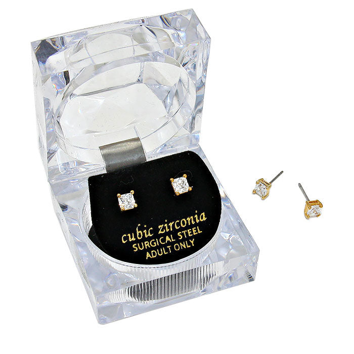 4mm Square Crystal Cubic Zirconia Stud Earrings in Clear Gift Box - Ready to Gift