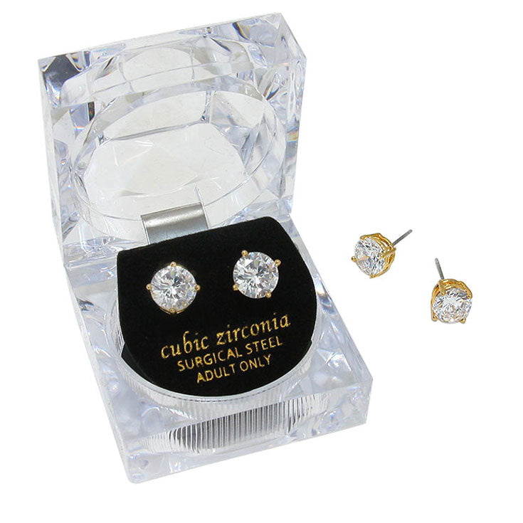 8mm Round Crystal Cubic Zirconia Stud Earrings in Clear Gift Box - Ready to Gift