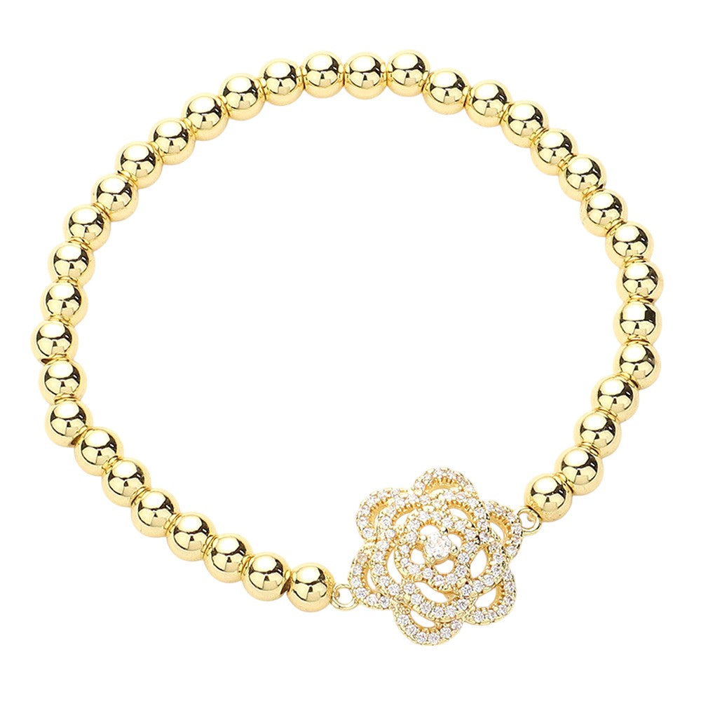 CZ Stone Paved Flower Pointed Stainless Steel Ball Stretch Bracelet