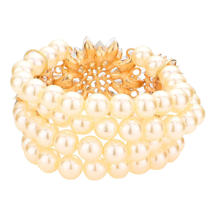 Pulsera Elástica de Perlas con Flores y Piedras