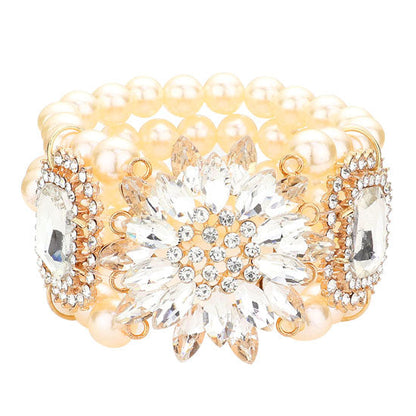 Pulsera Elástica de Perlas con Flores y Piedras