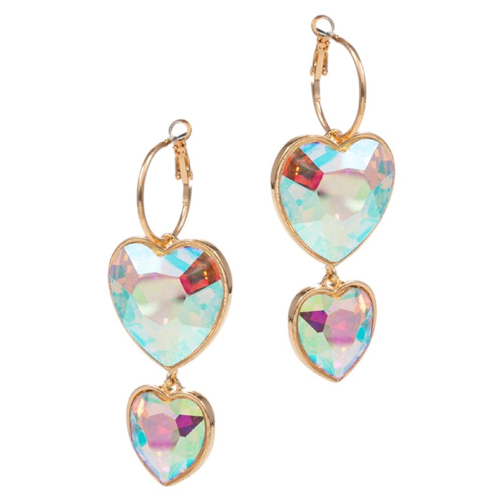 Crystal Stone Double Heart Link  Dropdown Earrings