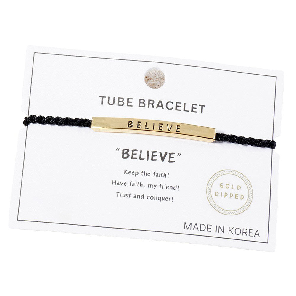 Gold Dipped Believe Message Bar Rope Pull Tie Bracelet