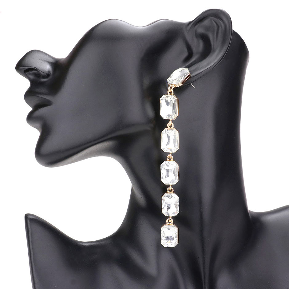Emerald Cut Stone Link Dangle Evening Earrings