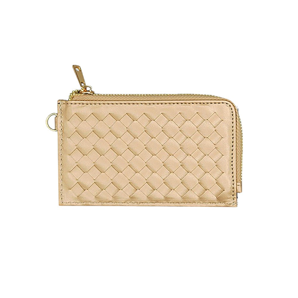 Faux Leather Basket Weave Flat Card Holder Wallet with Wristlet