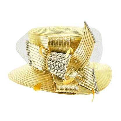 Feather Crystal Detail Metallic Satin Hat