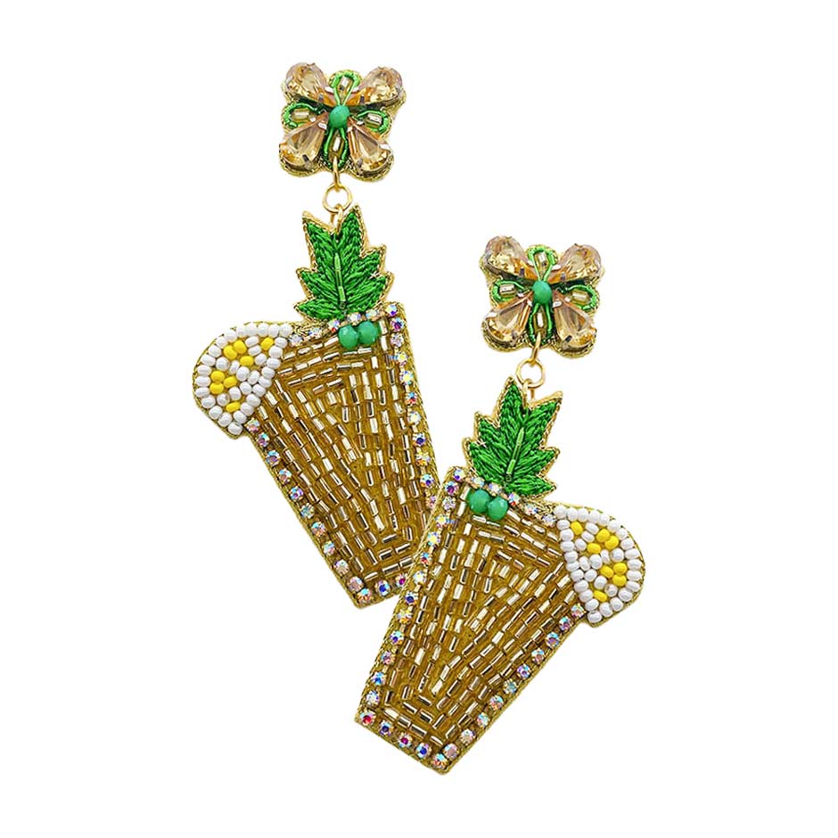 Felt Back Embroidery Leaf Beaded Lemon Cocktail Earrings