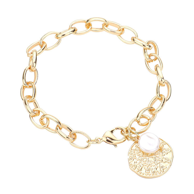 Freshwater Pearl Irregular Metal Round Charm Bracelet
