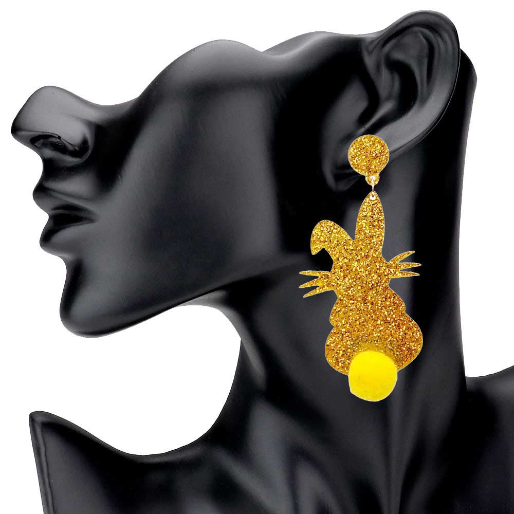 Glittered Resin Easter Bunny Pom Pom Tail Dangle Earrings