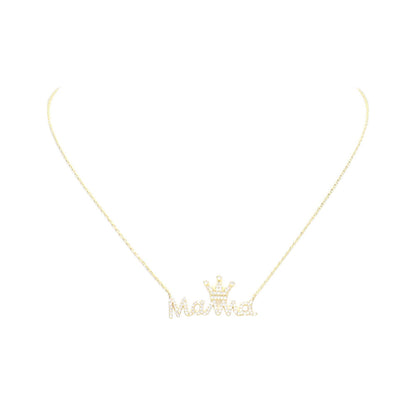 Gold Dipped CZ Crown MAMA Message Pendant Necklace