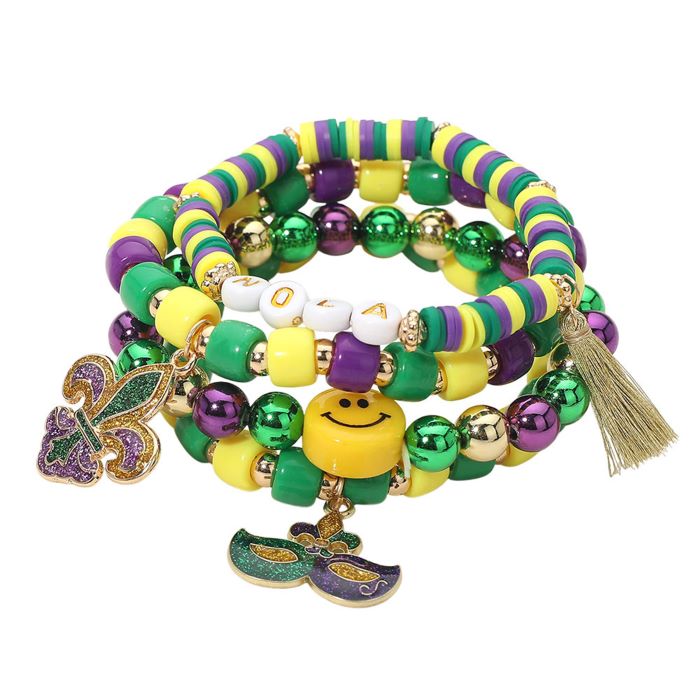 4PCS - Mardi Gras Eye Mask Fleur de Lis Charm Smile Beaded Stretch Multi Layered Bracelets