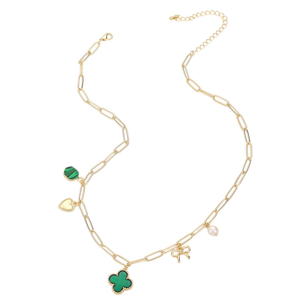 Quatrefoil Bow Heart Pearl Charm Station Paperclip Chain Necklace