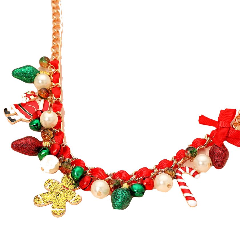 Holiday Santa Gingerbread Man Candy Cane Pearl Bow Charm Beaded Necklace