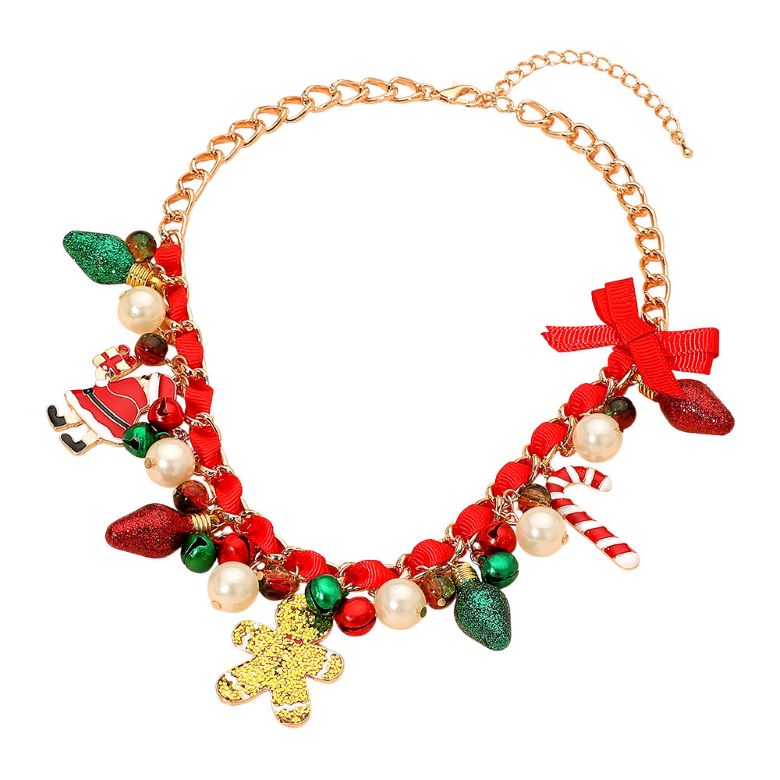 Holiday Santa Gingerbread Man Candy Cane Pearl Bow Charm Beaded Necklace