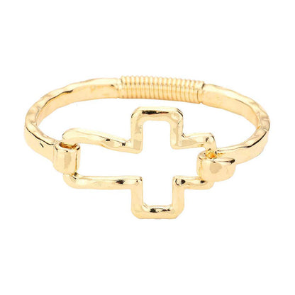 Women's Hammered Open Metal Cross Hook Bracelet