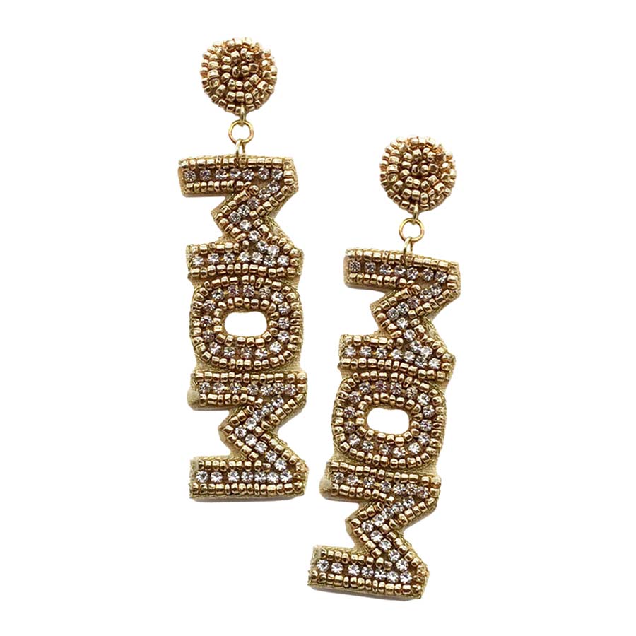 MOM Felt Back Rhinestone Beaded Message Dangle Earrings