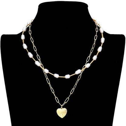 Metal Heart Pendant Freshwater Pearl Double Layered Necklace