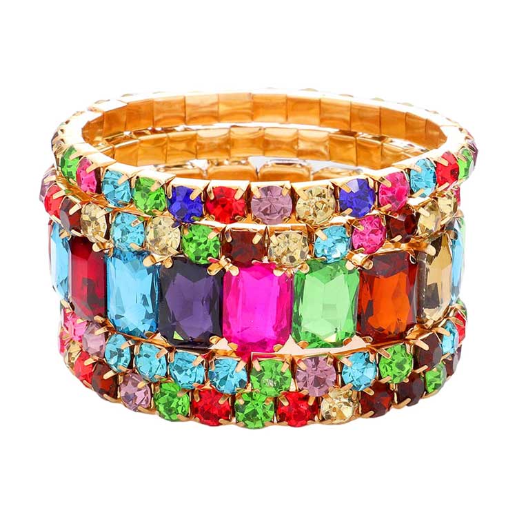 Women's 5Pcs Rectangle Round Stone Stretch Multi Layered Bracelets