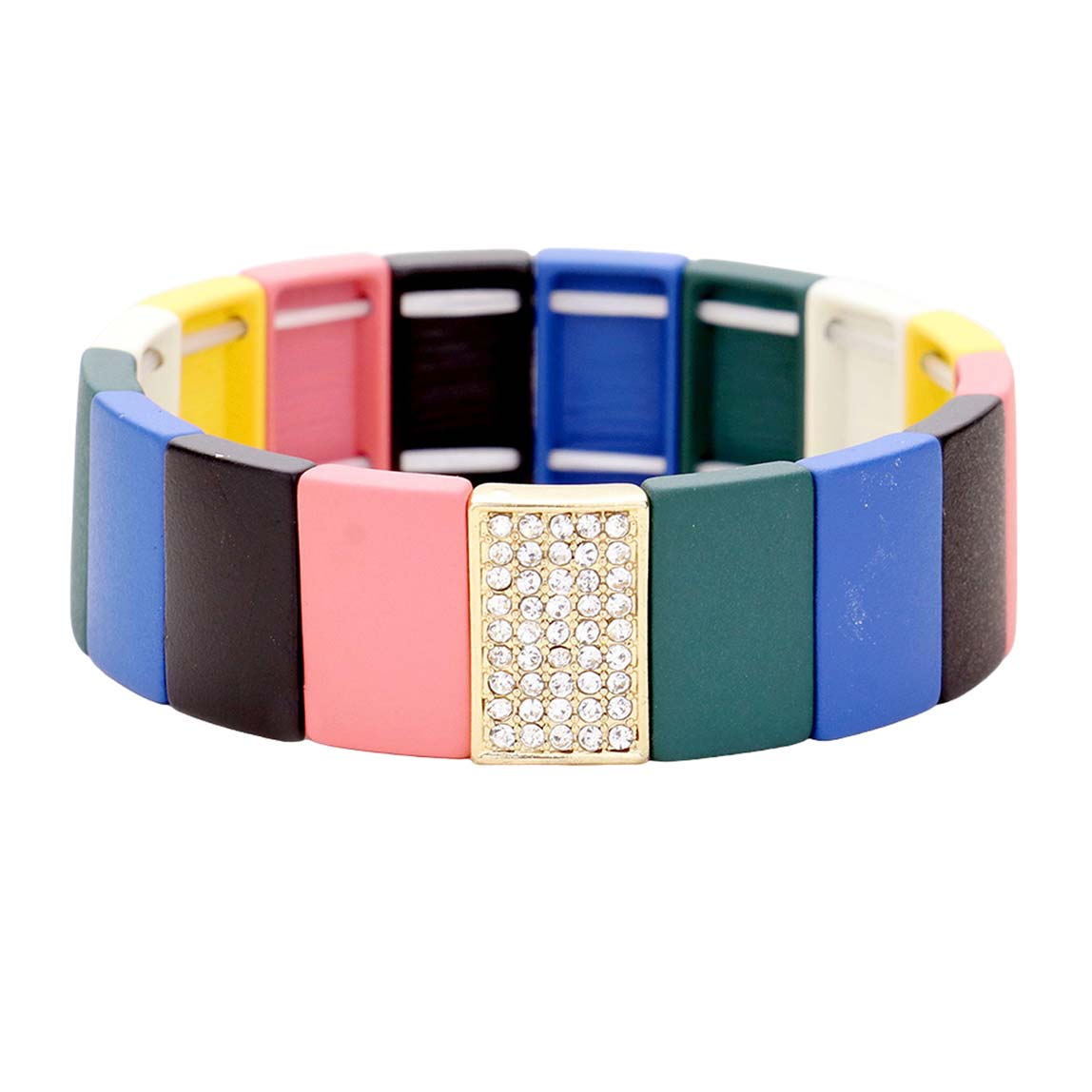 Colorful Wood Rectangle Rhinestone Pave Stretch Bracelet