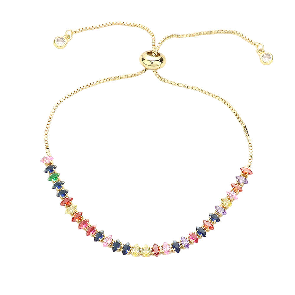 Stainless Steel Marquise CZ Tennis Chain Pull Tie Adjustable Bracelet