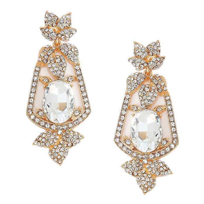 Oval Crystal Rhinestone Leaf Evening Earrings