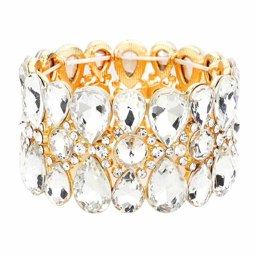 Pear Crystal Floral Rhinestone Stretch Evening Bracelet