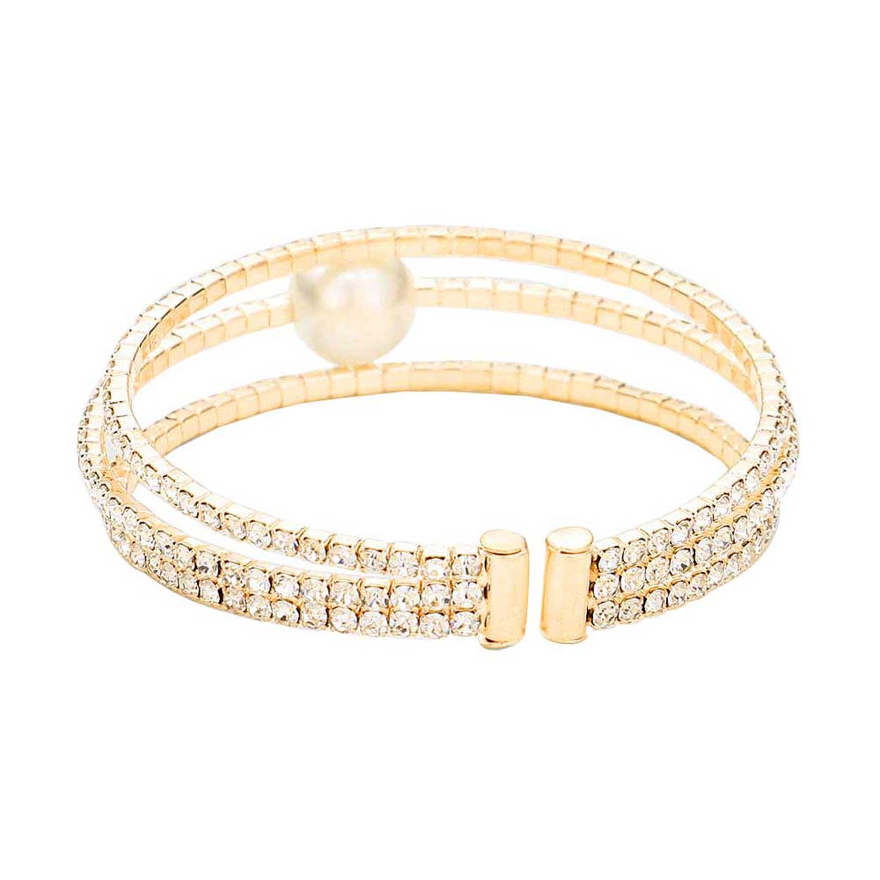 Pearl Accented Split Rhinestone Evening Cuff Bracelet