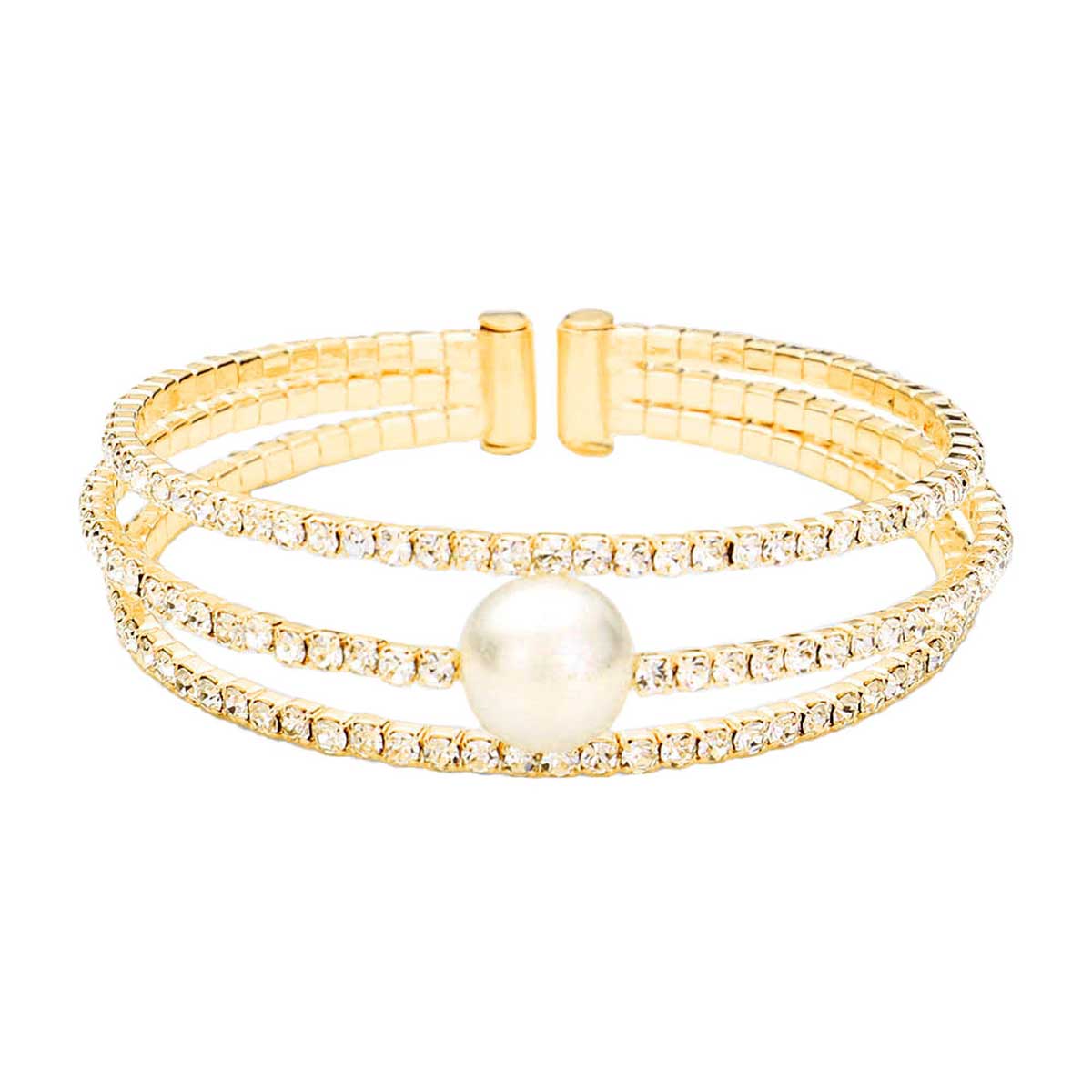 Pearl Accented Split Rhinestone Evening Cuff Bracelet