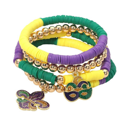4PCS - Mardi Gras Fleur de Lis Eye Mask Charm Heishi Beaded Stretch Multi Layered Bracelets