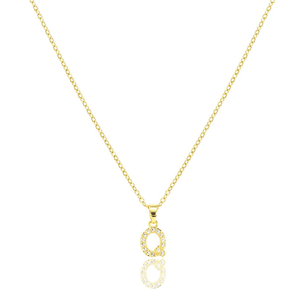 Q Stainless Steel CZ Stone Paved Monogram Pendant Necklace