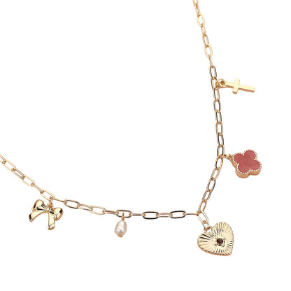Heart Bow Pearl Quatrefoil Cross Charm Station Paperclip Chain Necklace