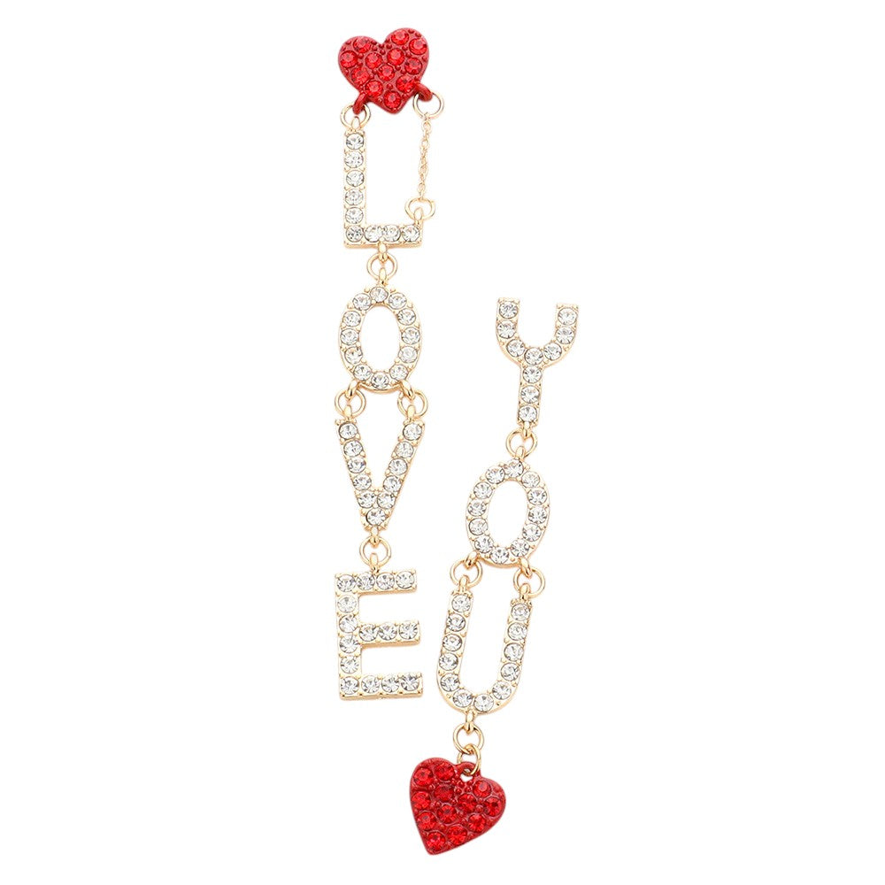 Pendientes Colgantes Desiguales Corazón con Mensaje "LOVE YOU" con Incrustaciones de Diamantes de Imitación