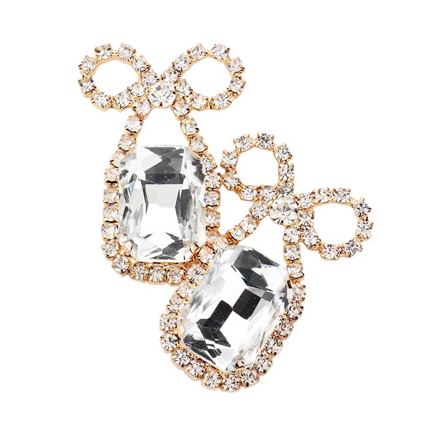 Rhinestone Bow Emerald Cut Stone Evening Earrings