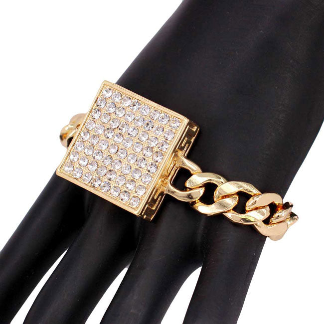 Rhinestone Embellished Square Pendant Metal Link Bracelet