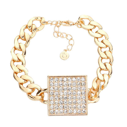 Rhinestone Embellished Square Pendant Metal Link Bracelet