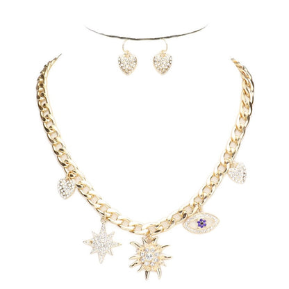 Rhinestone Heart Crystal North Star Charm Evil Eye Pendant Station Chain Necklace Earrings Set