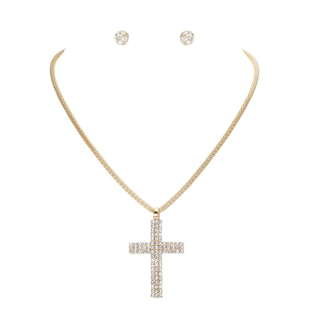 Rhinestone Paved Cross Pendant Jewelry Set