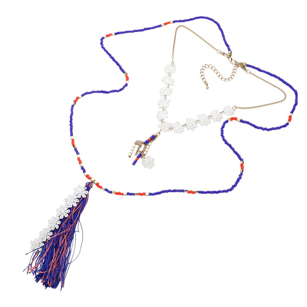Double layer flower tassel drop beaded long necklace