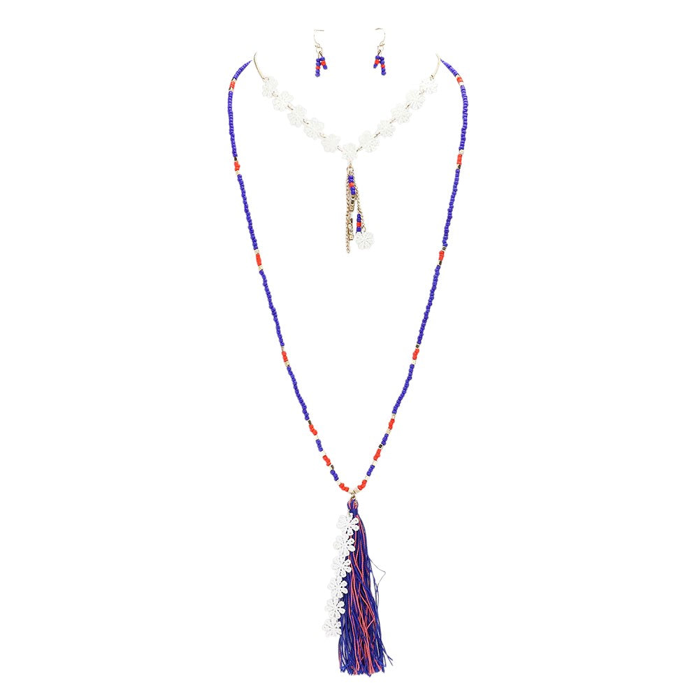 Double layer flower tassel drop beaded long necklace
