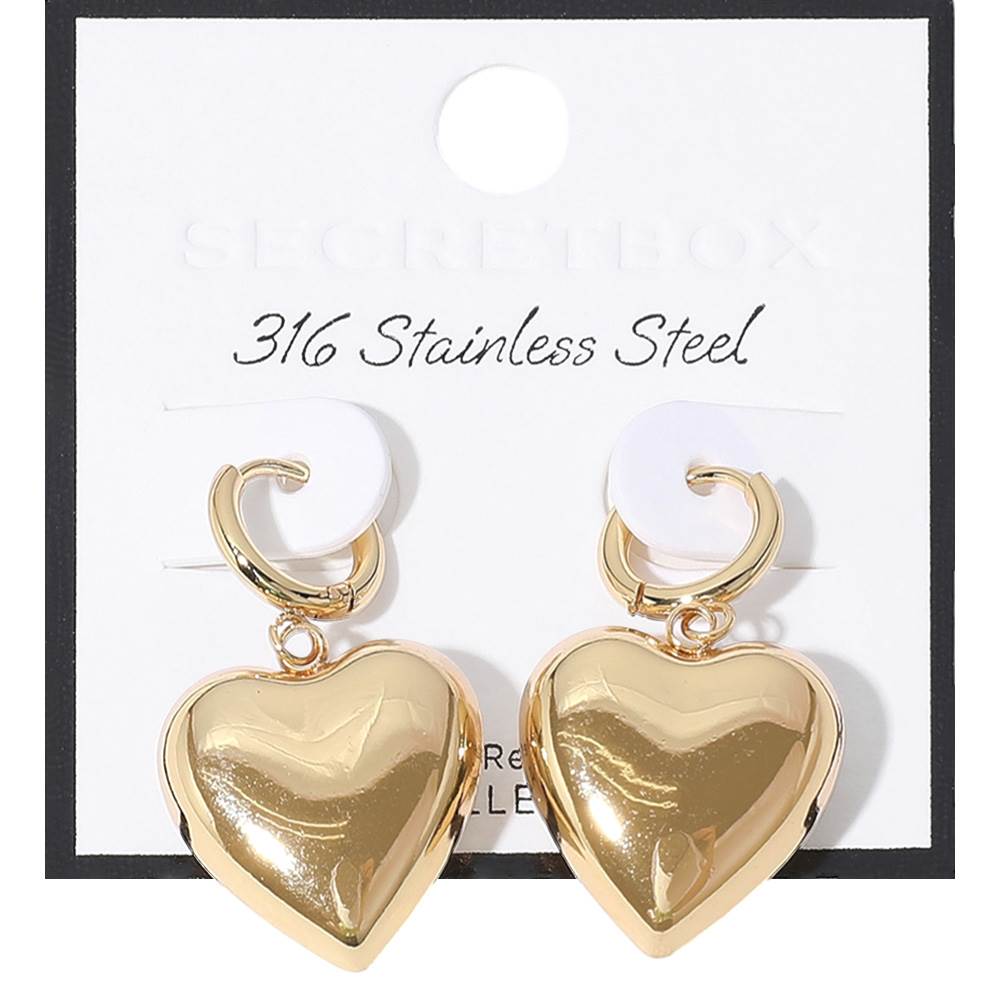 SECRET BOX Stainless Steel Heart Dangle Huggie Hoop Earrings