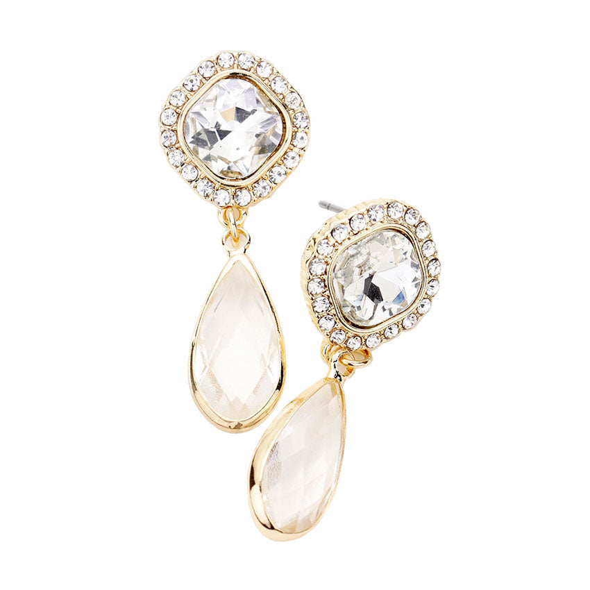 Square Clear Lucite Teardrop Dangle Evening Earrings