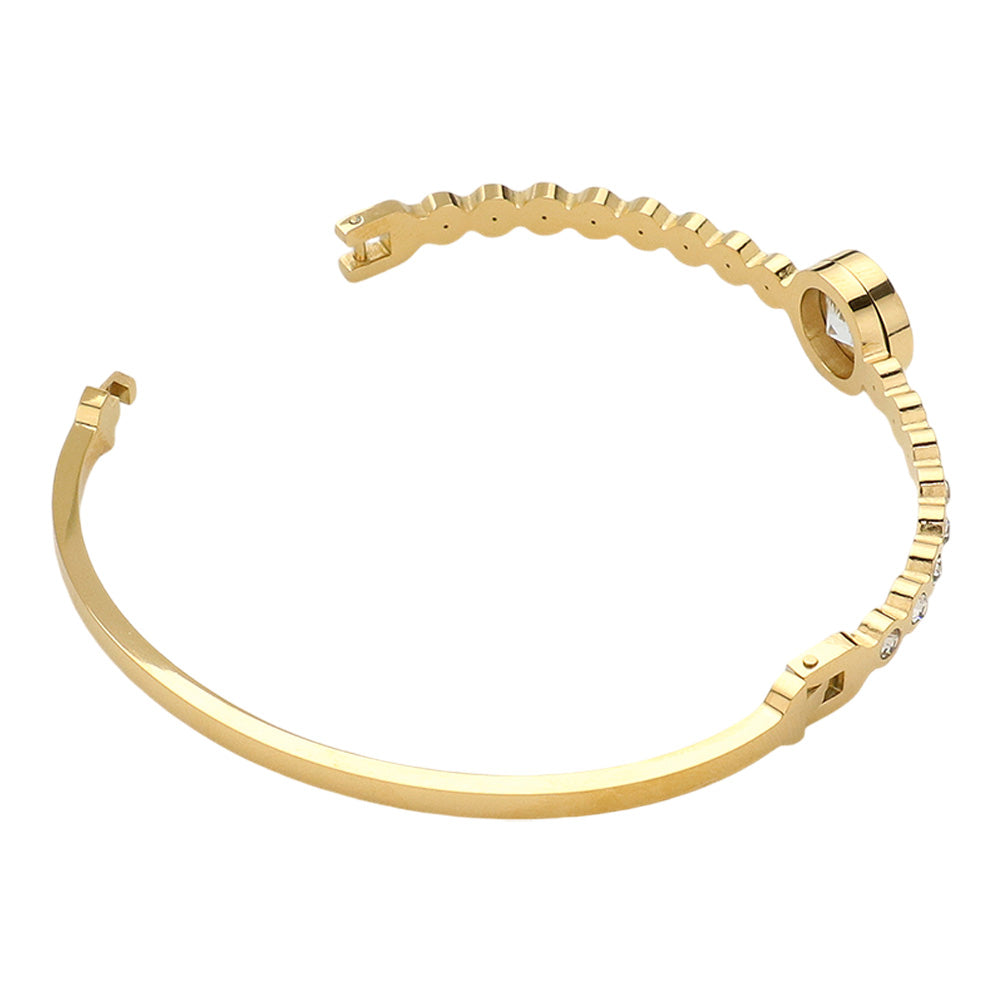 Stainless Steel Round CZ Stone Bezel Hinged Bangle Bracelet