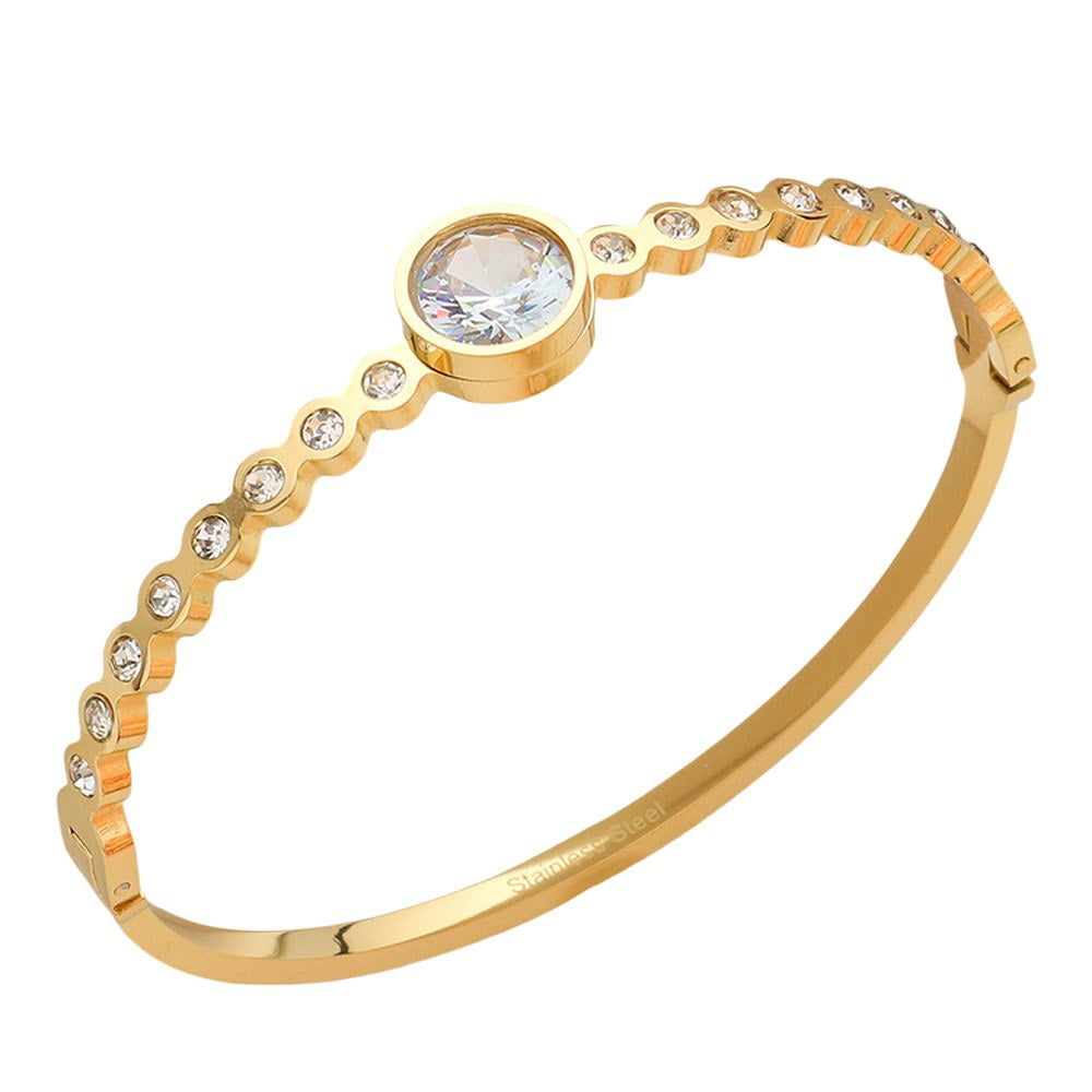 Stainless Steel Round CZ Stone Bezel Hinged Bangle Bracelet