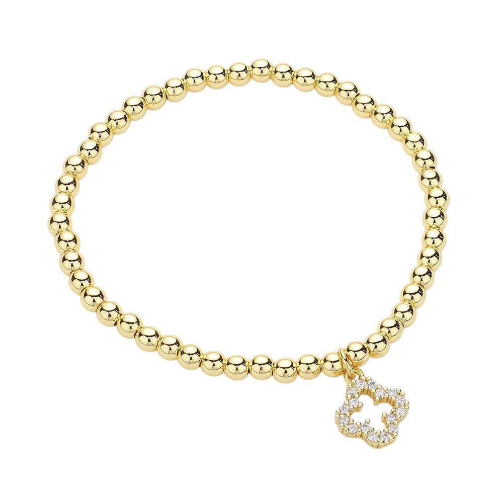 Stainless Steel Stone Paved Open Quatrefoil Charm Stretch Ball Bracelet