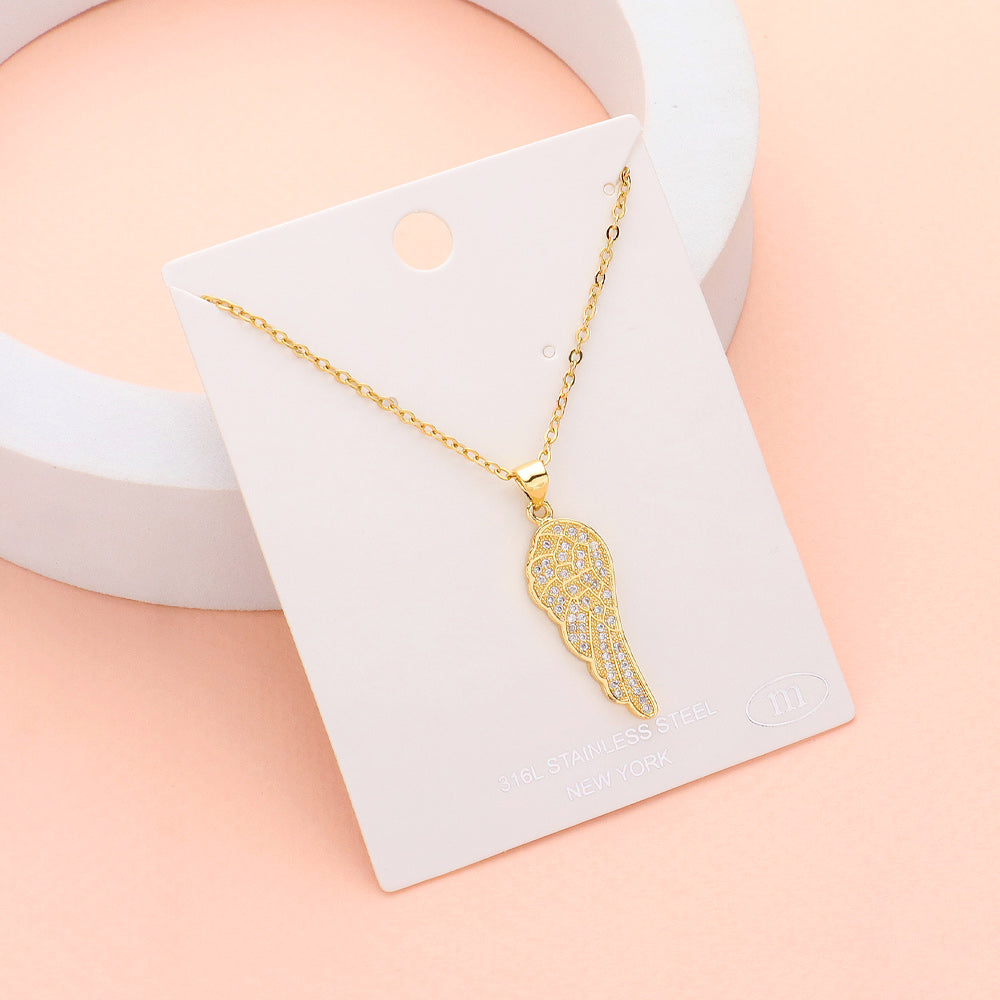 Stainless Steel Stone Paved Wing Pendant Necklace